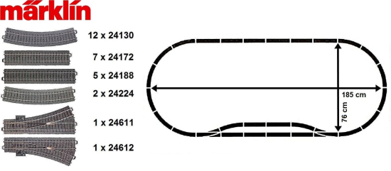 Märklin H0 C-Gleis-Oval 28-teilig mit 2 Weichen (190 cm x 76 cm) 