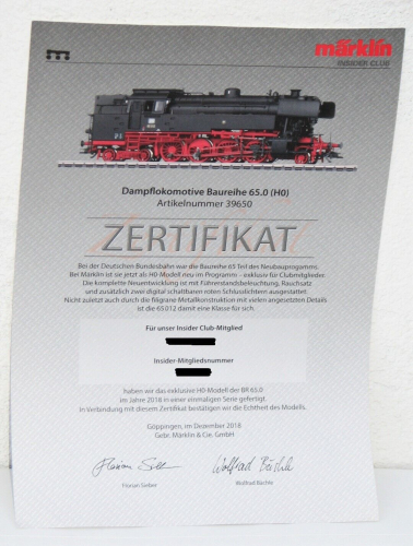 Märklin H0 39650 Insider Zertifikat für Dampflok BR 65.0 der DB 