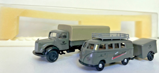 Brekina 1:87 9016 Set MB L311 VW T1 + Anhänger DBP A820