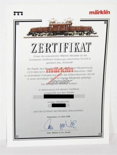 Märklin H0 30159 Insider Zertifikat für E-Lok Ce 6/8 Krokodil 