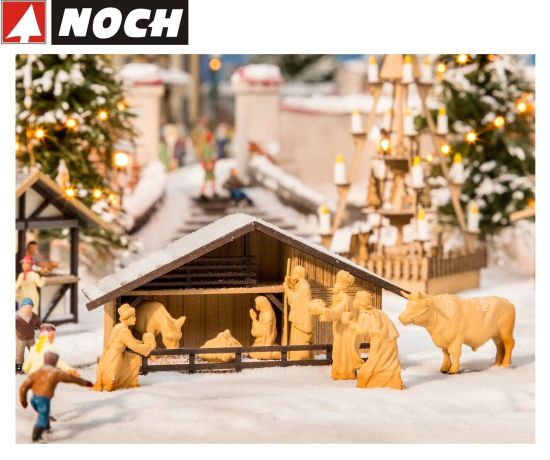 NOCH H0 14394 Weihnachtsmarkt-Krippe mit Figuren in Holzoptik 