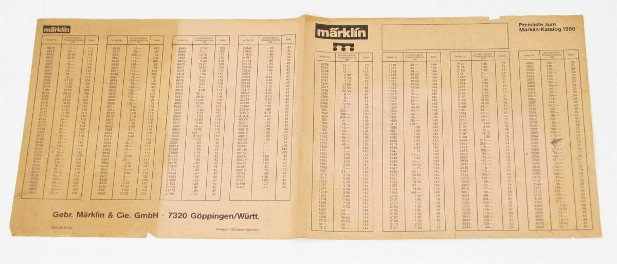 Märklin Preisliste zum Märklin-Katalog 1980 