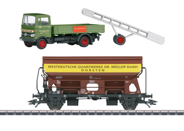 Märklin H0 46302 Schwenkdachwagen „Quarzwerke Dorsten" der DB mit LKW MB LP 608 - Neuheit 2023