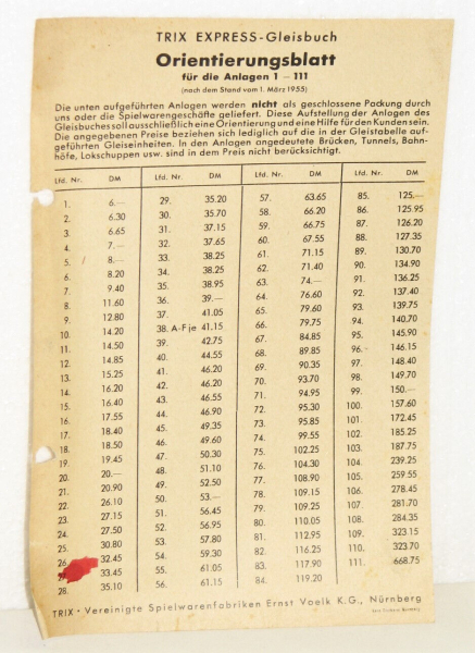 Trix Express Orientierungsblatt für Gleisbuch von 1955