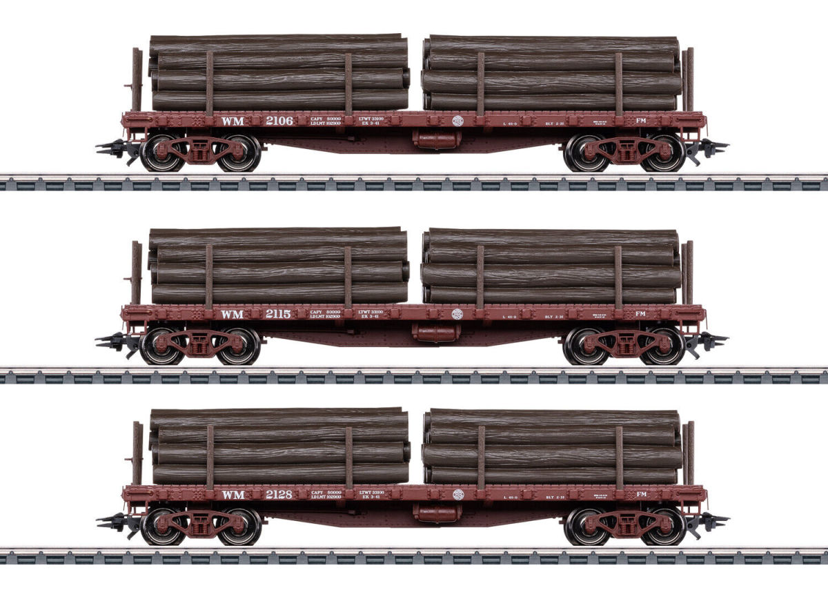 Märklin H0 45600 US-Flachwagen-Set beladen mit Holzstämmen der Western Maryland - Neuheit 2025