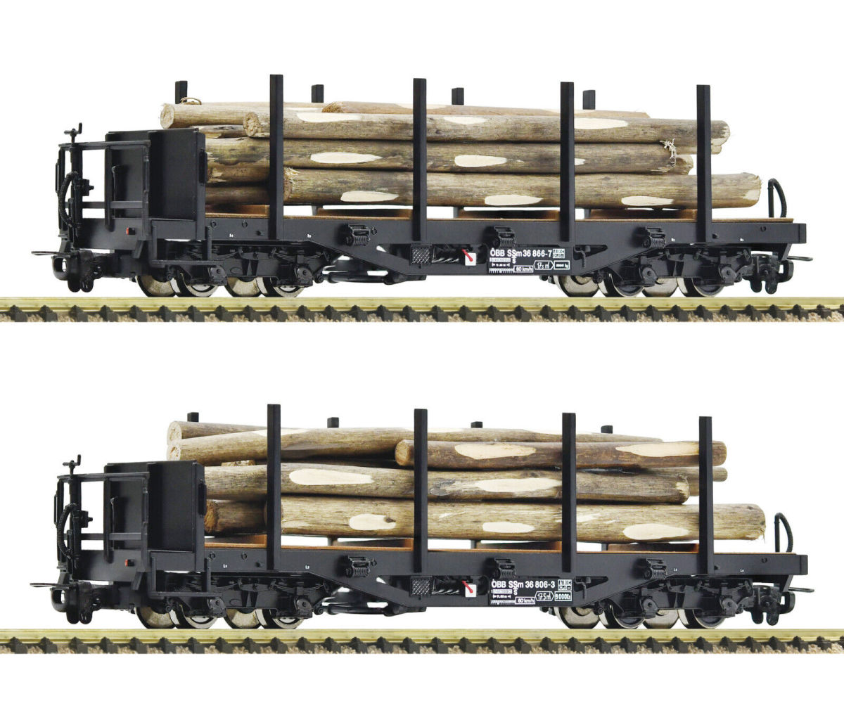 Roco H0e 34582 Rungenwagen-Set Gattung SSm/s mit Holzbeladung der ÖBB 