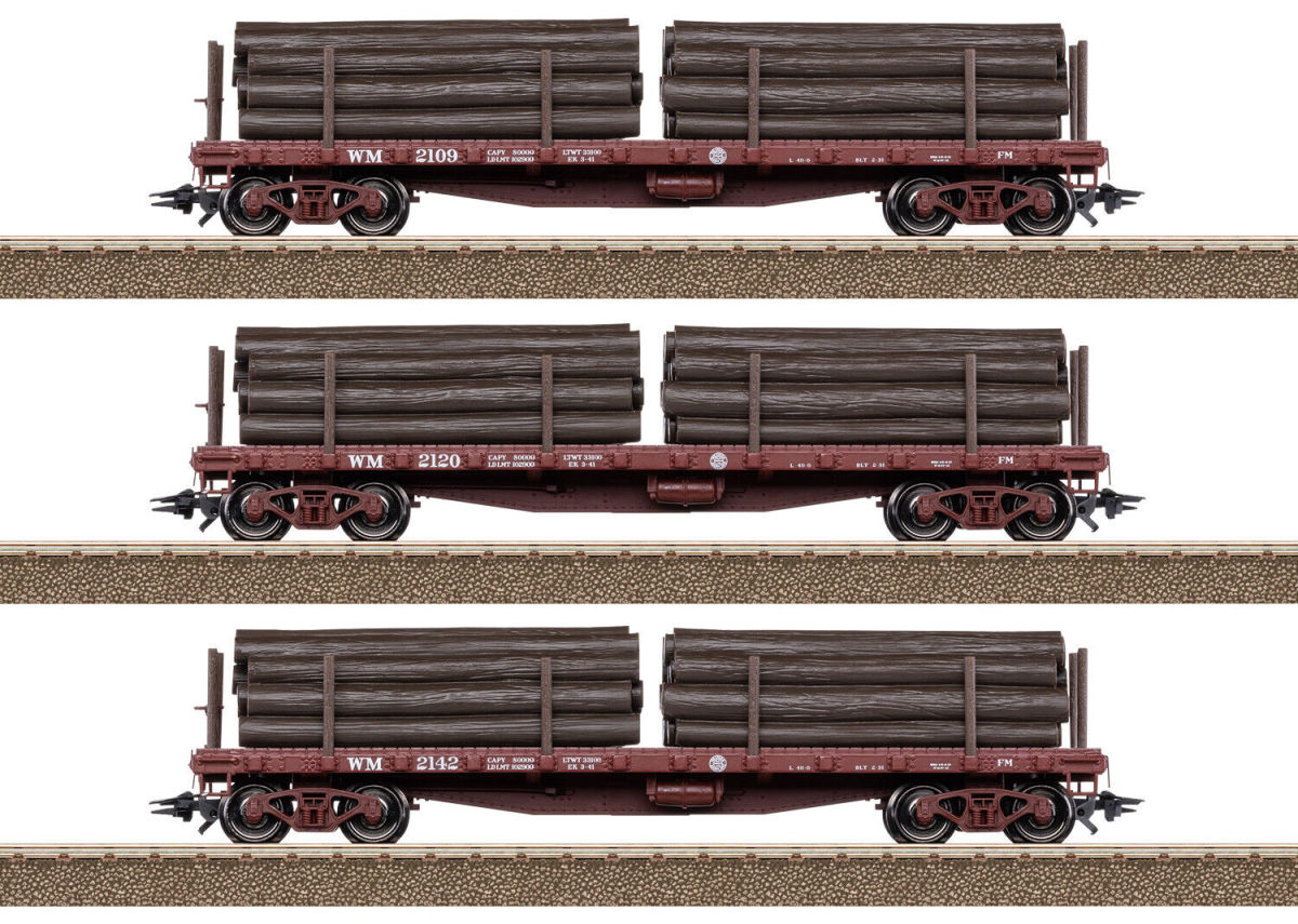 Trix H0 24922 US-Flachwagen-Set beladen mit Holzstämmen der Western Maryland - Neuheit 2025